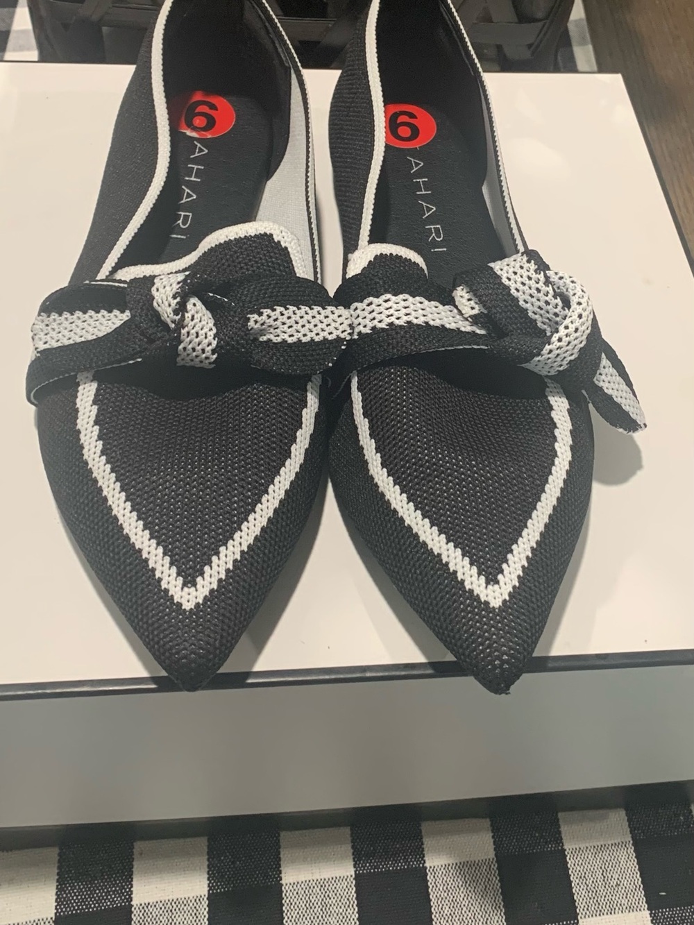 Tahari Black and White Pointed-Toe Knit Flats with Bow